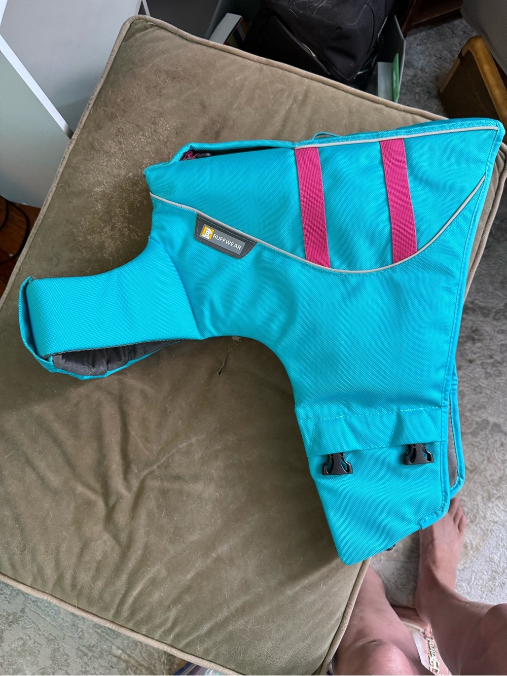 Ruffwear Teal Dog Coat water vest with Pink Accents
